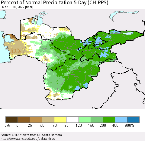 Central Asia Percent of Normal Precipitation 5-Day (CHIRPS) Thematic Map For 3/6/2022 - 3/10/2022