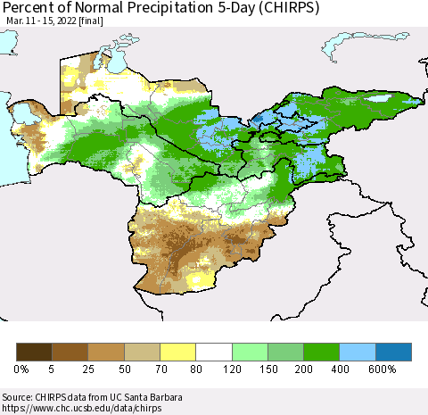 Central Asia Percent of Normal Precipitation 5-Day (CHIRPS) Thematic Map For 3/11/2022 - 3/15/2022
