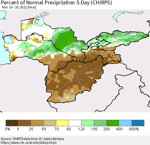 Central Asia Percent of Normal Precipitation 5-Day (CHIRPS) Thematic Map For 3/16/2022 - 3/20/2022