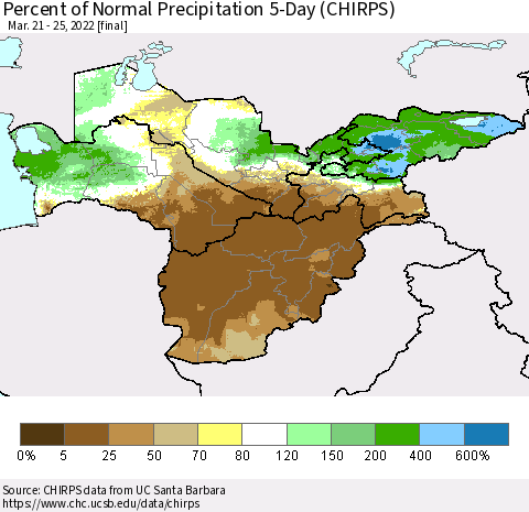 Central Asia Percent of Normal Precipitation 5-Day (CHIRPS) Thematic Map For 3/21/2022 - 3/25/2022