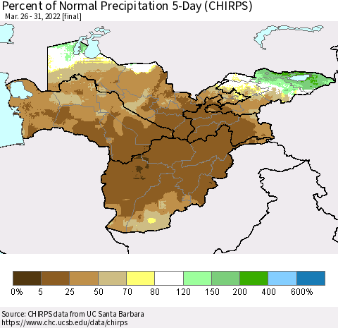 Central Asia Percent of Normal Precipitation 5-Day (CHIRPS) Thematic Map For 3/26/2022 - 3/31/2022