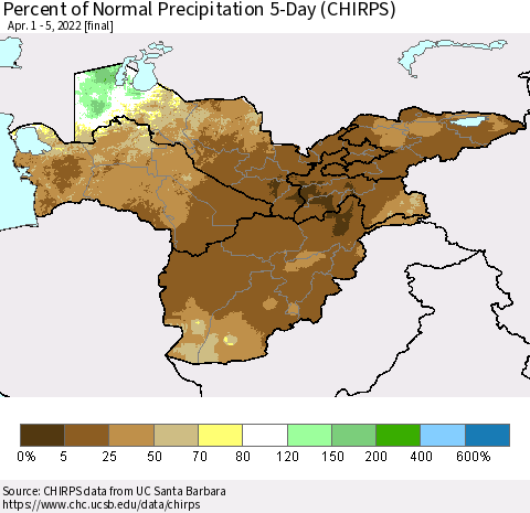 Central Asia Percent of Normal Precipitation 5-Day (CHIRPS) Thematic Map For 4/1/2022 - 4/5/2022