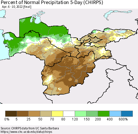 Central Asia Percent of Normal Precipitation 5-Day (CHIRPS) Thematic Map For 4/6/2022 - 4/10/2022