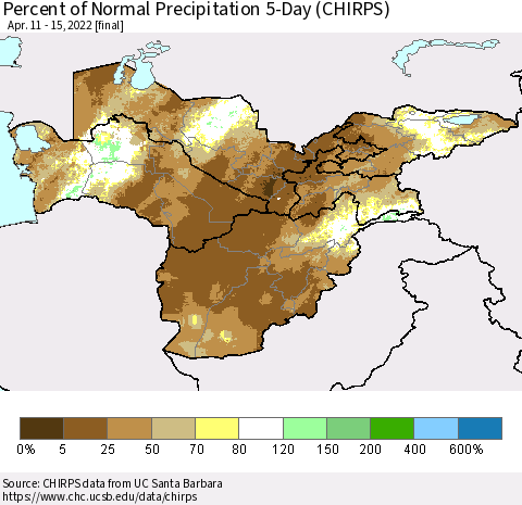 Central Asia Percent of Normal Precipitation 5-Day (CHIRPS) Thematic Map For 4/11/2022 - 4/15/2022