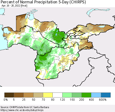 Central Asia Percent of Normal Precipitation 5-Day (CHIRPS) Thematic Map For 4/16/2022 - 4/20/2022