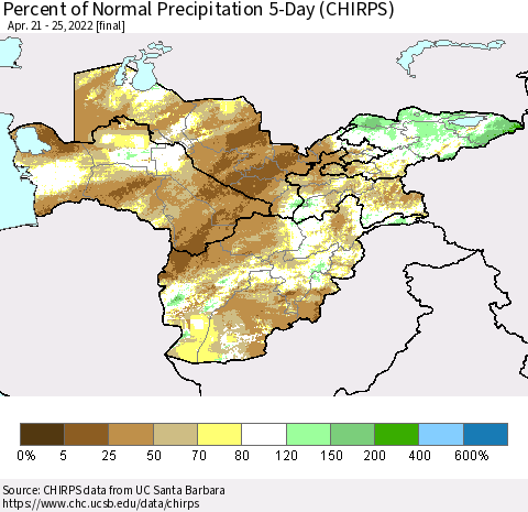 Central Asia Percent of Normal Precipitation 5-Day (CHIRPS) Thematic Map For 4/21/2022 - 4/25/2022
