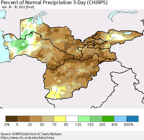 Central Asia Percent of Normal Precipitation 5-Day (CHIRPS) Thematic Map For 4/26/2022 - 4/30/2022
