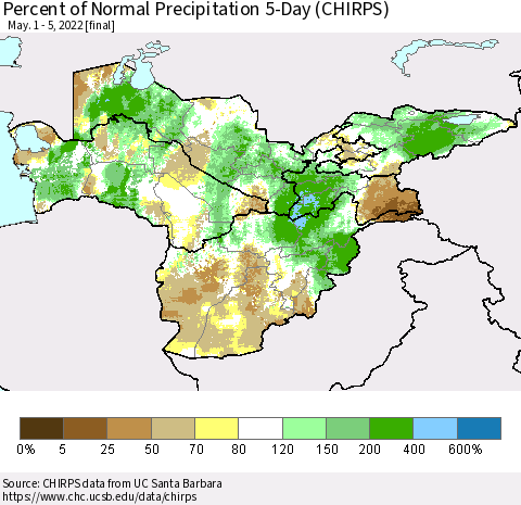 Central Asia Percent of Normal Precipitation 5-Day (CHIRPS) Thematic Map For 5/1/2022 - 5/5/2022
