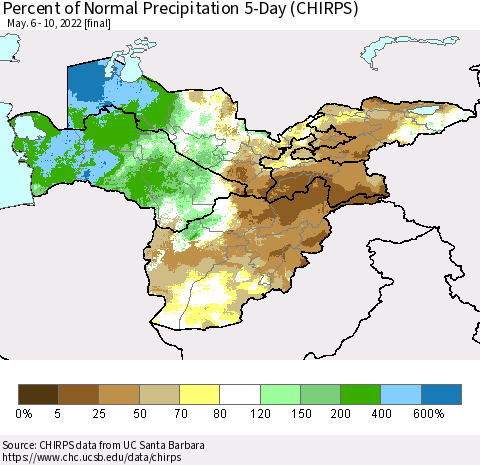 Central Asia Percent of Normal Precipitation 5-Day (CHIRPS) Thematic Map For 5/6/2022 - 5/10/2022