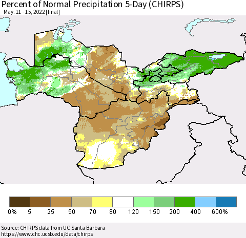 Central Asia Percent of Normal Precipitation 5-Day (CHIRPS) Thematic Map For 5/11/2022 - 5/15/2022