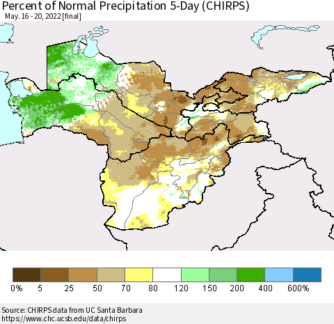 Central Asia Percent of Normal Precipitation 5-Day (CHIRPS) Thematic Map For 5/16/2022 - 5/20/2022