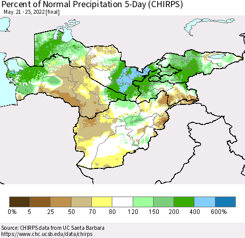 Central Asia Percent of Normal Precipitation 5-Day (CHIRPS) Thematic Map For 5/21/2022 - 5/25/2022