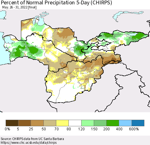 Central Asia Percent of Normal Precipitation 5-Day (CHIRPS) Thematic Map For 5/26/2022 - 5/31/2022