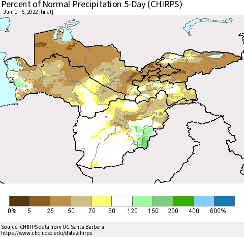 Central Asia Percent of Normal Precipitation 5-Day (CHIRPS) Thematic Map For 6/1/2022 - 6/5/2022