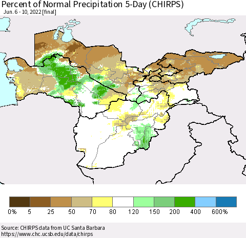 Central Asia Percent of Normal Precipitation 5-Day (CHIRPS) Thematic Map For 6/6/2022 - 6/10/2022