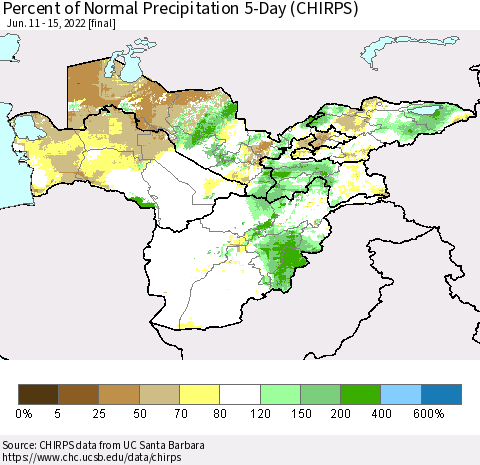 Central Asia Percent of Normal Precipitation 5-Day (CHIRPS) Thematic Map For 6/11/2022 - 6/15/2022