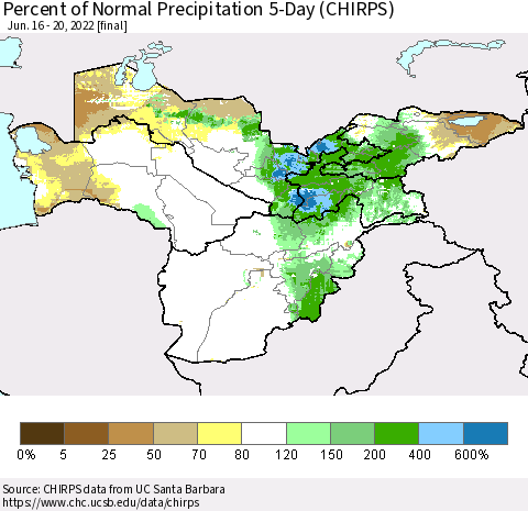 Central Asia Percent of Normal Precipitation 5-Day (CHIRPS) Thematic Map For 6/16/2022 - 6/20/2022