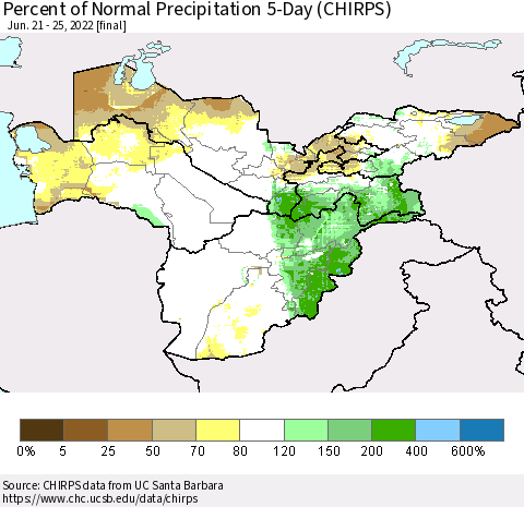 Central Asia Percent of Normal Precipitation 5-Day (CHIRPS) Thematic Map For 6/21/2022 - 6/25/2022