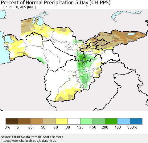 Central Asia Percent of Normal Precipitation 5-Day (CHIRPS) Thematic Map For 6/26/2022 - 6/30/2022
