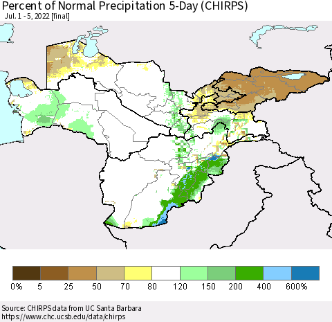 Central Asia Percent of Normal Precipitation 5-Day (CHIRPS) Thematic Map For 7/1/2022 - 7/5/2022