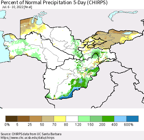 Central Asia Percent of Normal Precipitation 5-Day (CHIRPS) Thematic Map For 7/6/2022 - 7/10/2022