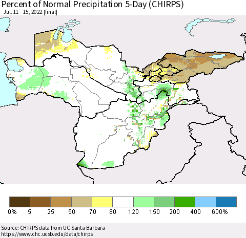 Central Asia Percent of Normal Precipitation 5-Day (CHIRPS) Thematic Map For 7/11/2022 - 7/15/2022
