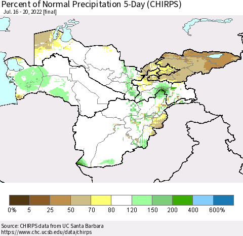 Central Asia Percent of Normal Precipitation 5-Day (CHIRPS) Thematic Map For 7/16/2022 - 7/20/2022