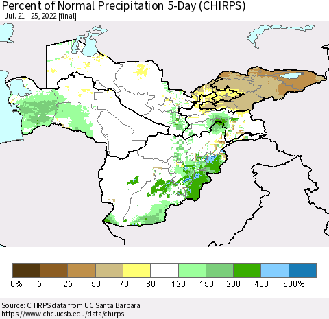 Central Asia Percent of Normal Precipitation 5-Day (CHIRPS) Thematic Map For 7/21/2022 - 7/25/2022