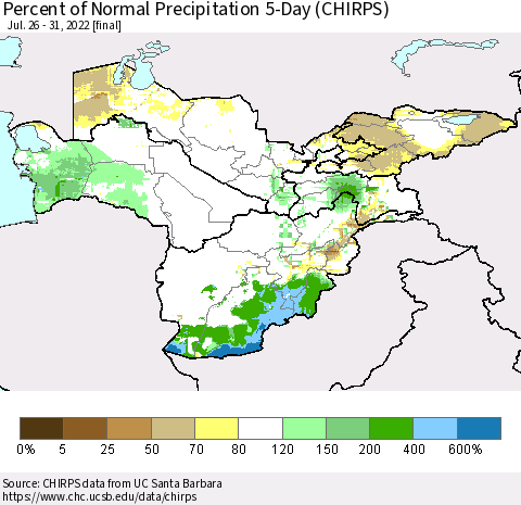 Central Asia Percent of Normal Precipitation 5-Day (CHIRPS) Thematic Map For 7/26/2022 - 7/31/2022