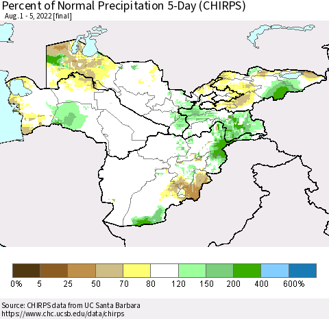 Central Asia Percent of Normal Precipitation 5-Day (CHIRPS) Thematic Map For 8/1/2022 - 8/5/2022