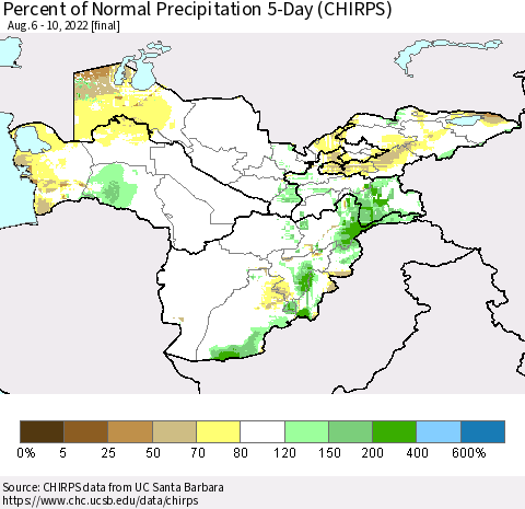 Central Asia Percent of Normal Precipitation 5-Day (CHIRPS) Thematic Map For 8/6/2022 - 8/10/2022