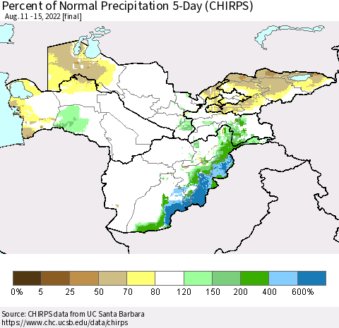 Central Asia Percent of Normal Precipitation 5-Day (CHIRPS) Thematic Map For 8/11/2022 - 8/15/2022