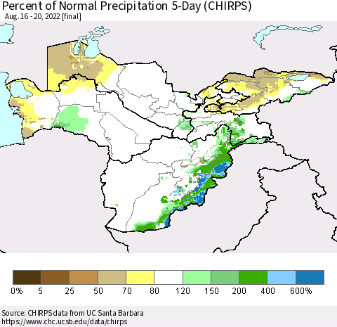 Central Asia Percent of Normal Precipitation 5-Day (CHIRPS) Thematic Map For 8/16/2022 - 8/20/2022
