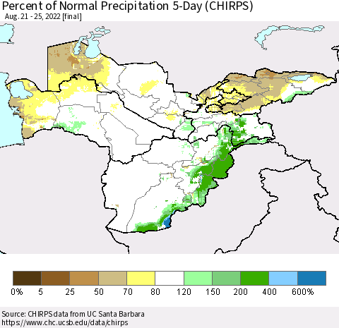 Central Asia Percent of Normal Precipitation 5-Day (CHIRPS) Thematic Map For 8/21/2022 - 8/25/2022