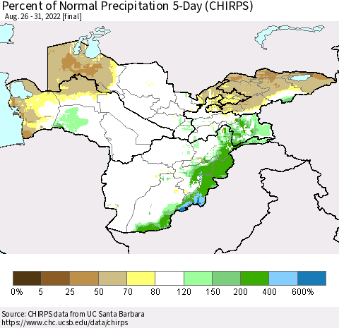 Central Asia Percent of Normal Precipitation 5-Day (CHIRPS) Thematic Map For 8/26/2022 - 8/31/2022