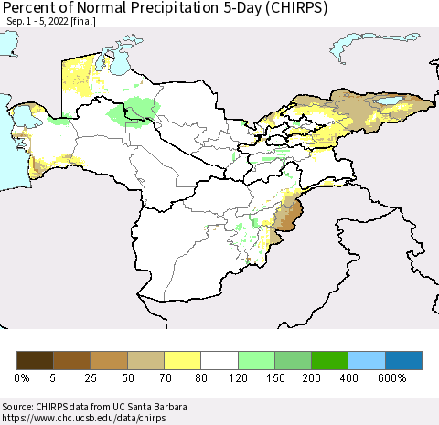 Central Asia Percent of Normal Precipitation 5-Day (CHIRPS) Thematic Map For 9/1/2022 - 9/5/2022