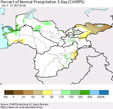 Central Asia Percent of Normal Precipitation 5-Day (CHIRPS) Thematic Map For 9/6/2022 - 9/10/2022