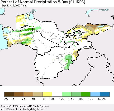 Central Asia Percent of Normal Precipitation 5-Day (CHIRPS) Thematic Map For 9/11/2022 - 9/15/2022