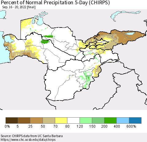 Central Asia Percent of Normal Precipitation 5-Day (CHIRPS) Thematic Map For 9/16/2022 - 9/20/2022