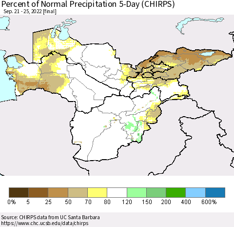 Central Asia Percent of Normal Precipitation 5-Day (CHIRPS) Thematic Map For 9/21/2022 - 9/25/2022