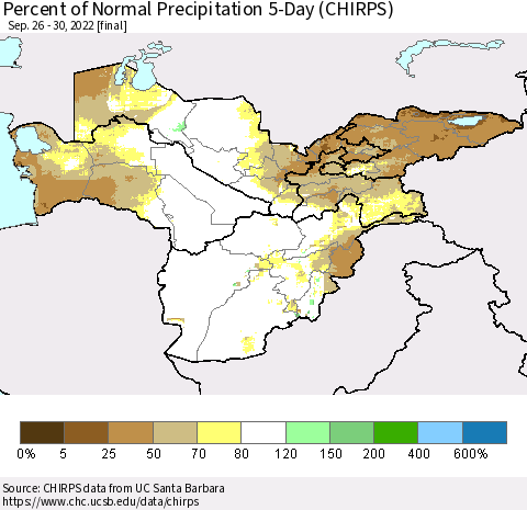 Central Asia Percent of Normal Precipitation 5-Day (CHIRPS) Thematic Map For 9/26/2022 - 9/30/2022