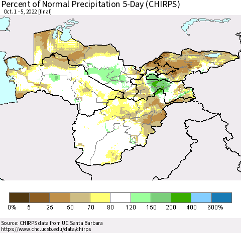 Central Asia Percent of Normal Precipitation 5-Day (CHIRPS) Thematic Map For 10/1/2022 - 10/5/2022