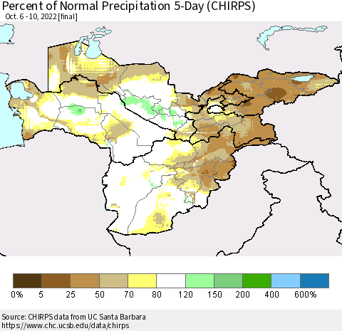 Central Asia Percent of Normal Precipitation 5-Day (CHIRPS) Thematic Map For 10/6/2022 - 10/10/2022