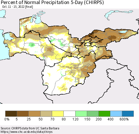 Central Asia Percent of Normal Precipitation 5-Day (CHIRPS) Thematic Map For 10/11/2022 - 10/15/2022