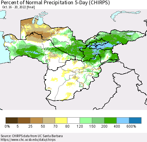 Central Asia Percent of Normal Precipitation 5-Day (CHIRPS) Thematic Map For 10/16/2022 - 10/20/2022