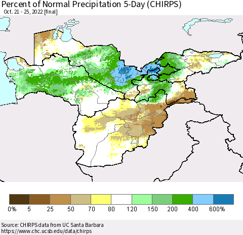 Central Asia Percent of Normal Precipitation 5-Day (CHIRPS) Thematic Map For 10/21/2022 - 10/25/2022