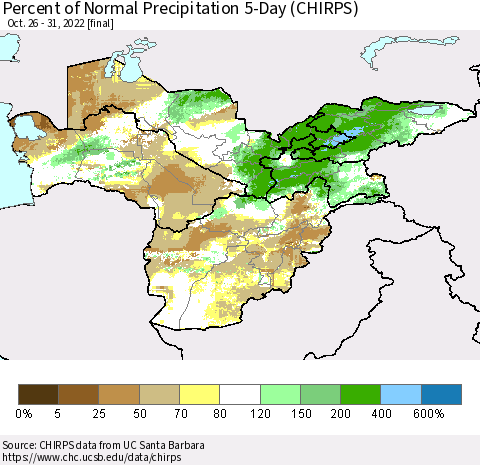 Central Asia Percent of Normal Precipitation 5-Day (CHIRPS) Thematic Map For 10/26/2022 - 10/31/2022