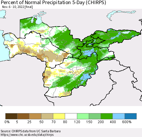 Central Asia Percent of Normal Precipitation 5-Day (CHIRPS) Thematic Map For 11/6/2022 - 11/10/2022