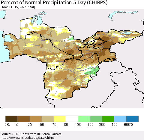 Central Asia Percent of Normal Precipitation 5-Day (CHIRPS) Thematic Map For 11/11/2022 - 11/15/2022