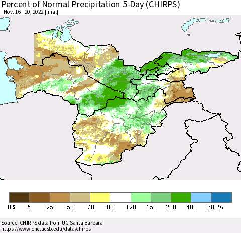 Central Asia Percent of Normal Precipitation 5-Day (CHIRPS) Thematic Map For 11/16/2022 - 11/20/2022